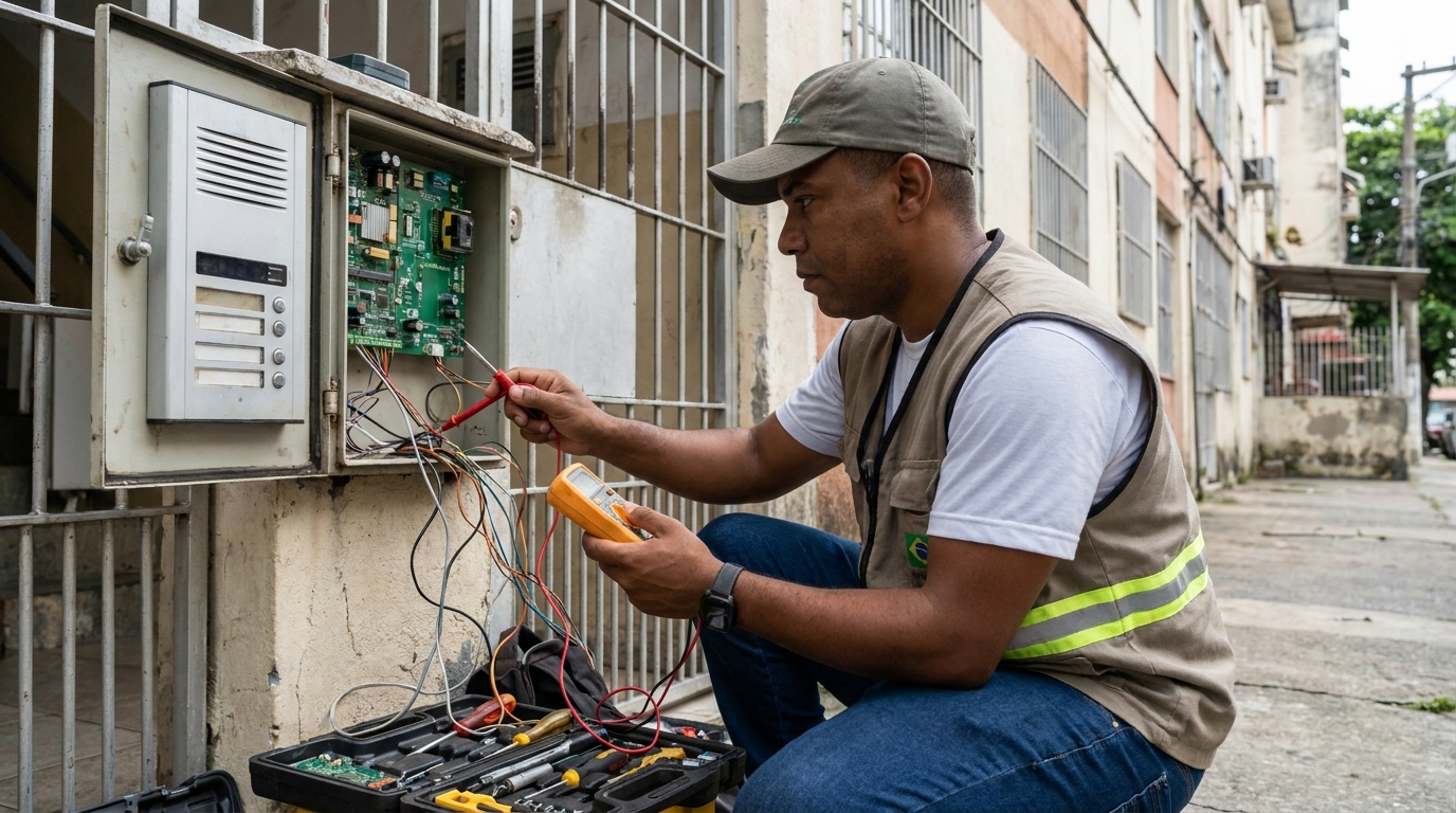 Eletricista consertando interfone em Caxias do Sul‑RS