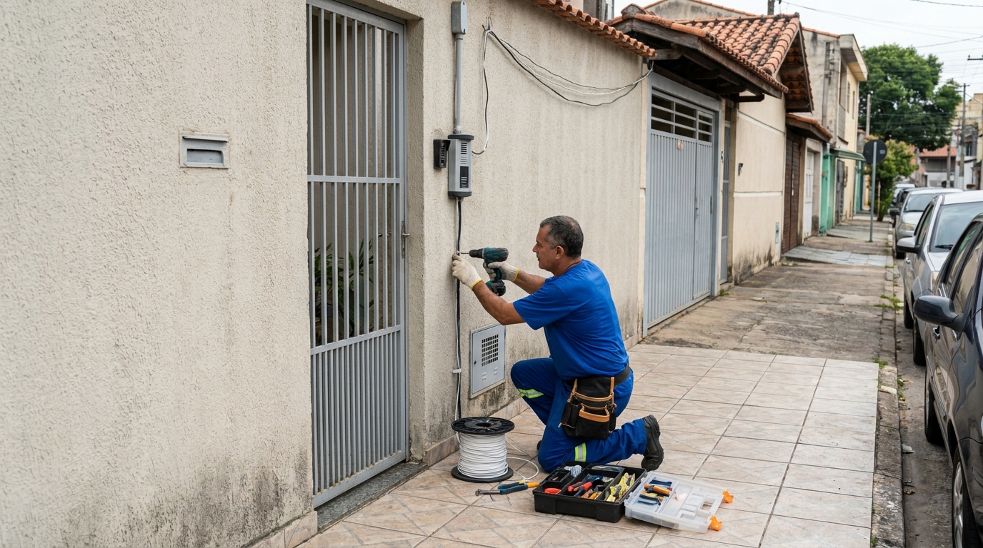 Eletricista instalando interfone em Caxias do Sul‑RS